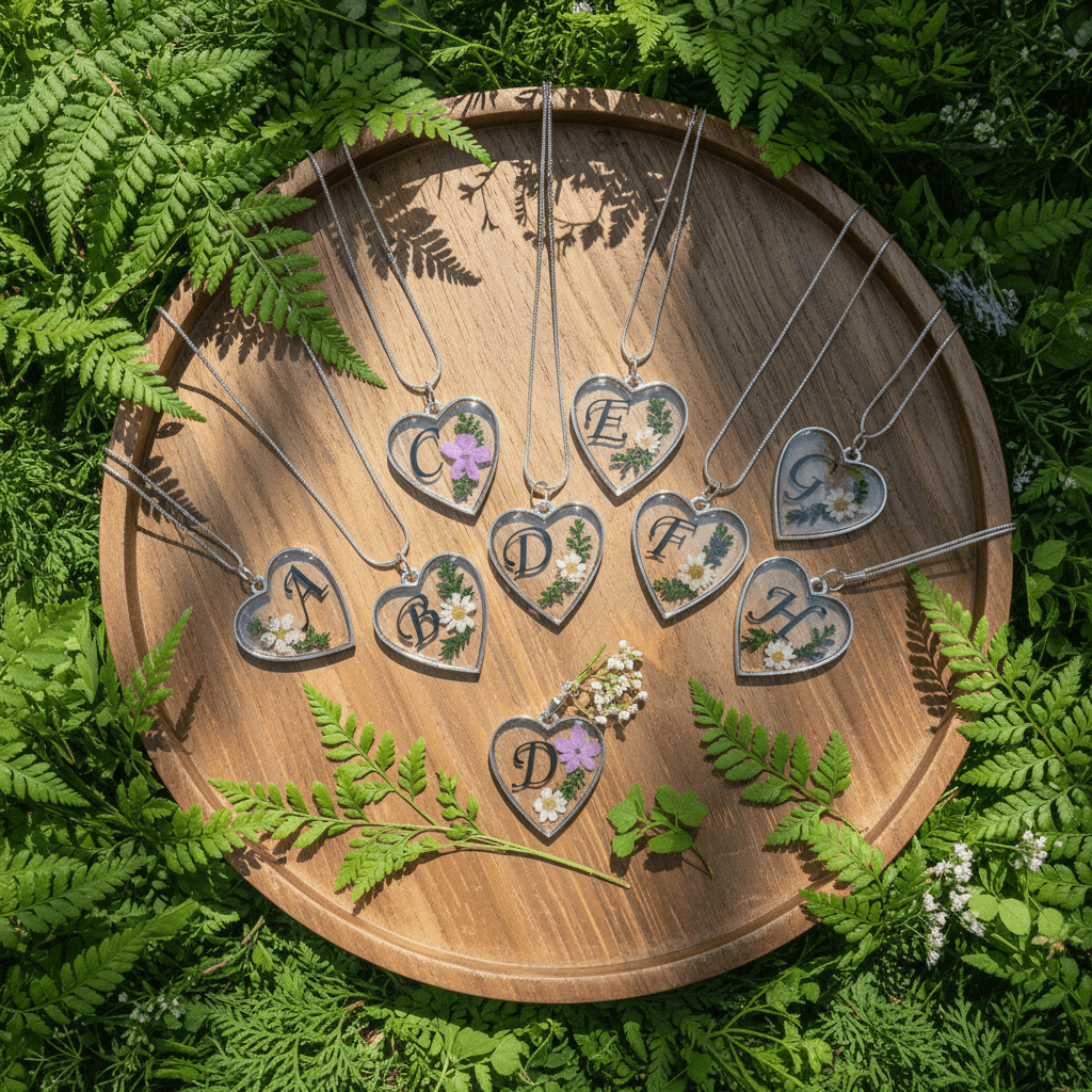Personalized Initial Heart Resin Necklace – Pressed Flower Pendant - The Glossy Gift Shop