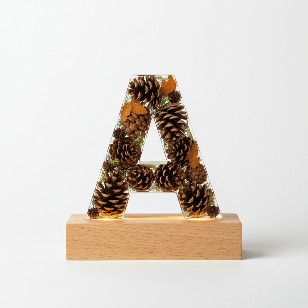 Pinecone & Leaves Resin Lighted Letter – Nature-Inspired Night Light - The Glossy Gift Shop