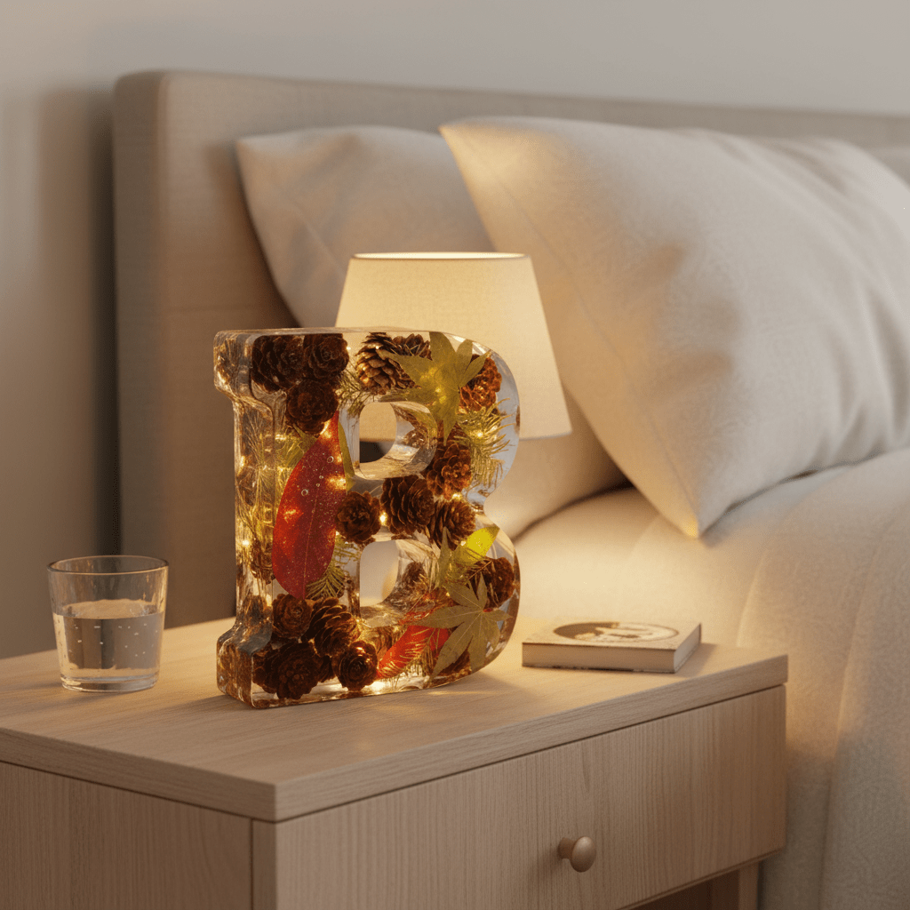 Pinecone & Leaves Resin Lighted Letter – Nature-Inspired Night Light - The Glossy Gift Shop