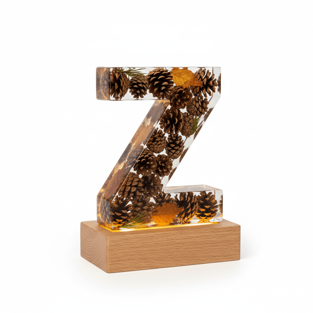 Pinecone & Leaves Resin Lighted Letter – Nature-Inspired Night Light - The Glossy Gift Shop