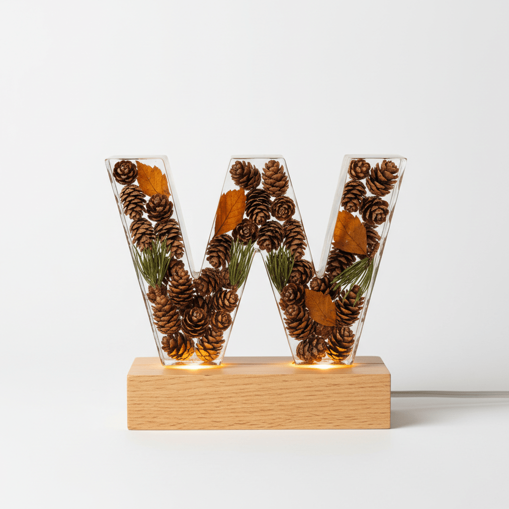 Pinecone & Leaves Resin Lighted Letter – Nature-Inspired Night Light - The Glossy Gift Shop