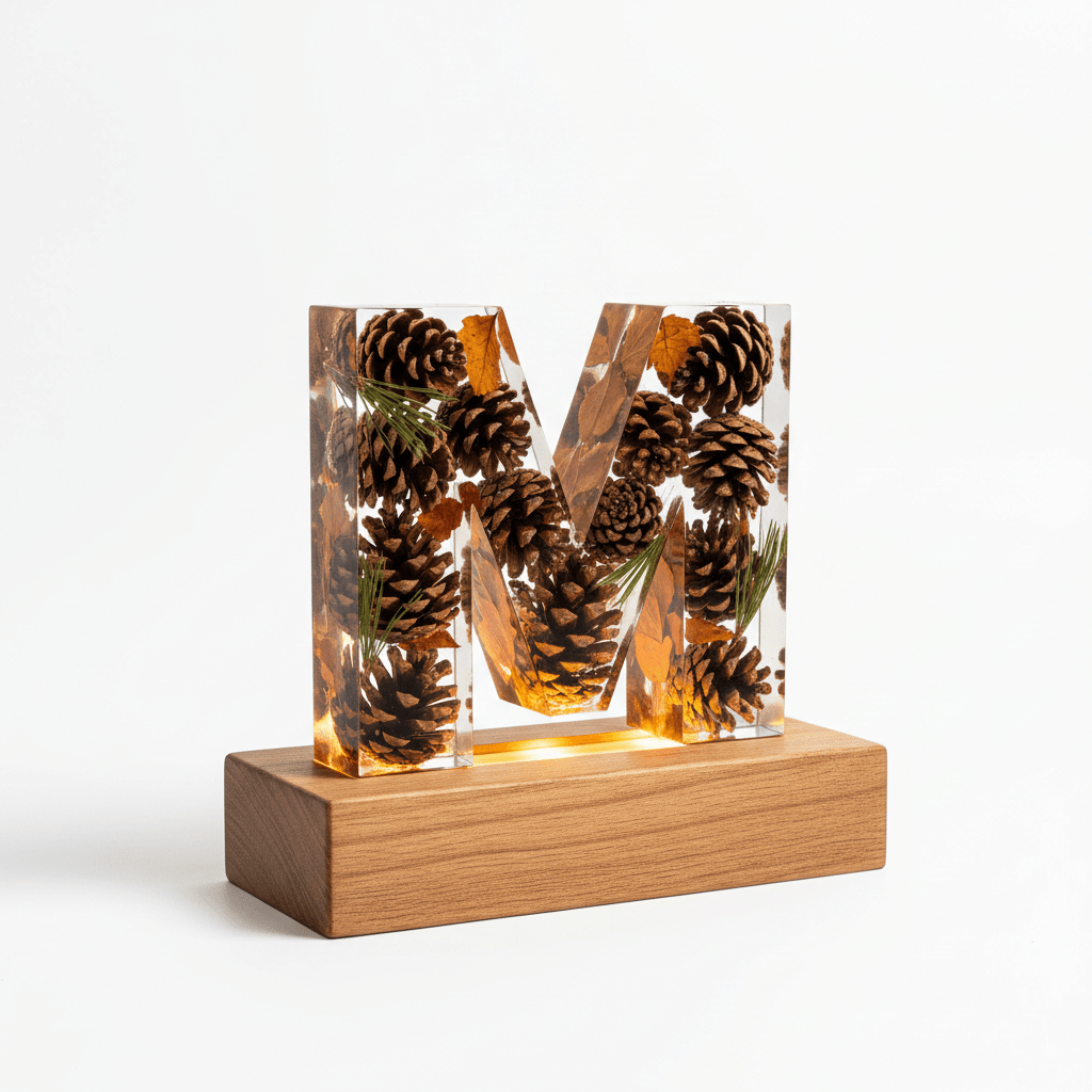 Pinecone & Leaves Resin Lighted Letter – Nature-Inspired Night Light - The Glossy Gift Shop