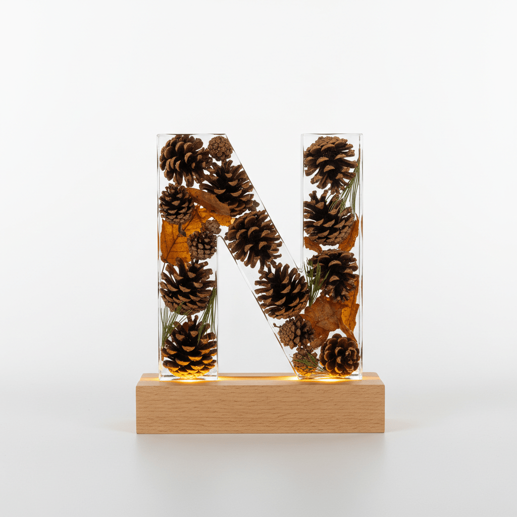 Pinecone & Leaves Resin Lighted Letter – Nature-Inspired Night Light - The Glossy Gift Shop