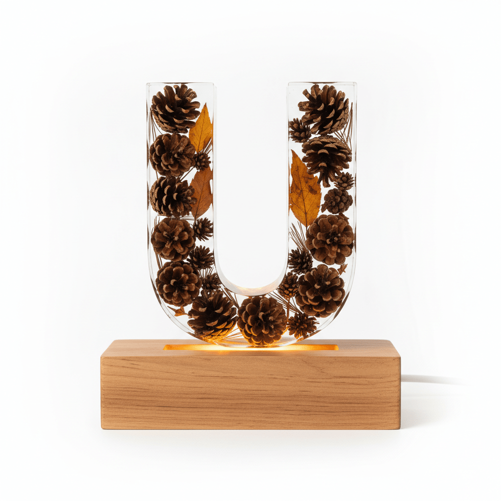 Pinecone & Leaves Resin Lighted Letter – Nature-Inspired Night Light - The Glossy Gift Shop