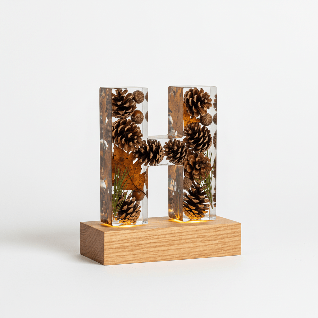 Pinecone & Leaves Resin Lighted Letter – Nature-Inspired Night Light - The Glossy Gift Shop