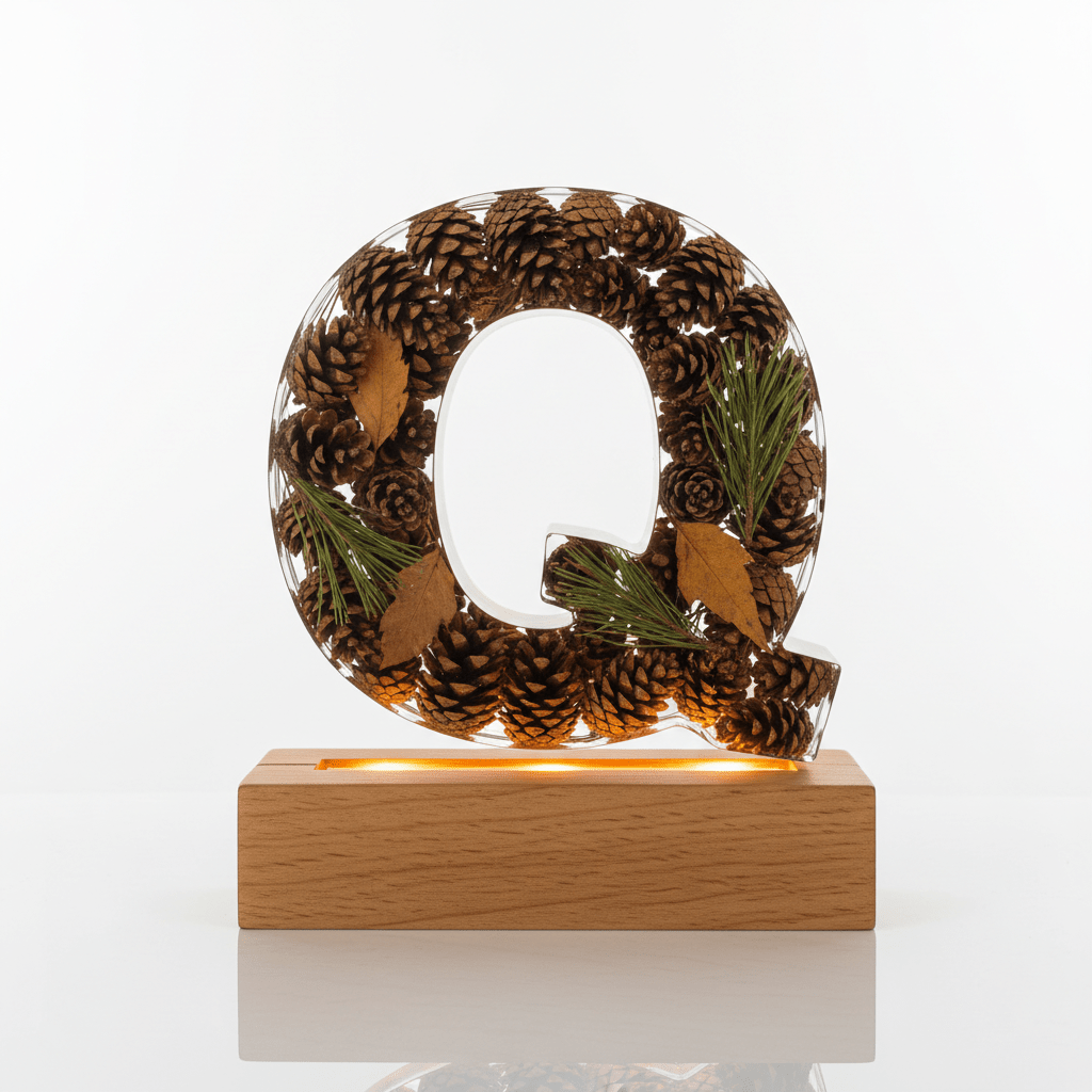 Pinecone & Leaves Resin Lighted Letter – Nature-Inspired Night Light - The Glossy Gift Shop