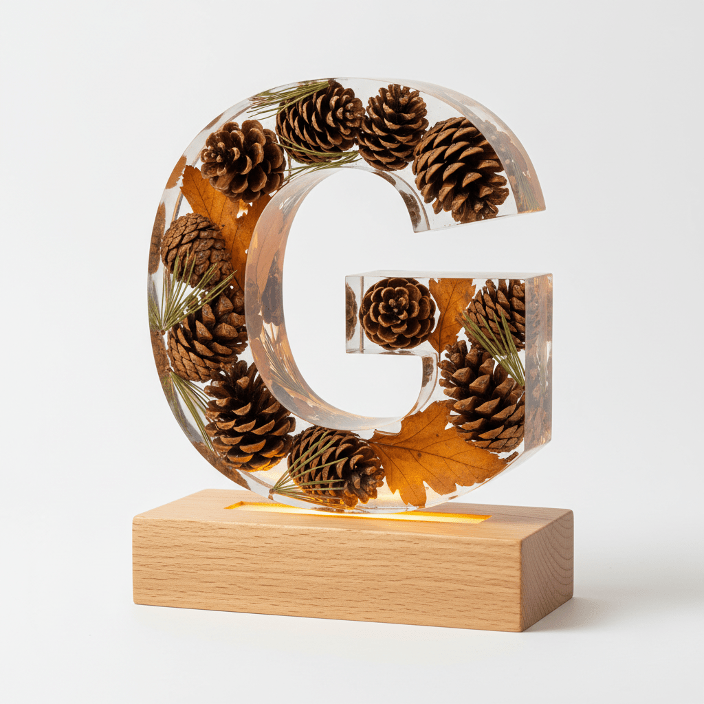 Pinecone & Leaves Resin Lighted Letter – Nature-Inspired Night Light - The Glossy Gift Shop