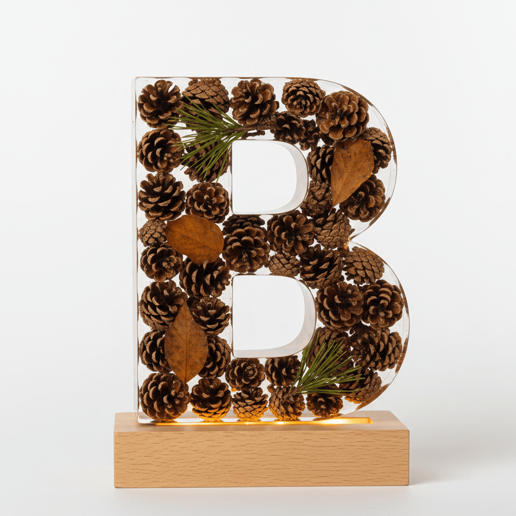 Pinecone & Leaves Resin Lighted Letter – Nature-Inspired Night Light - The Glossy Gift Shop