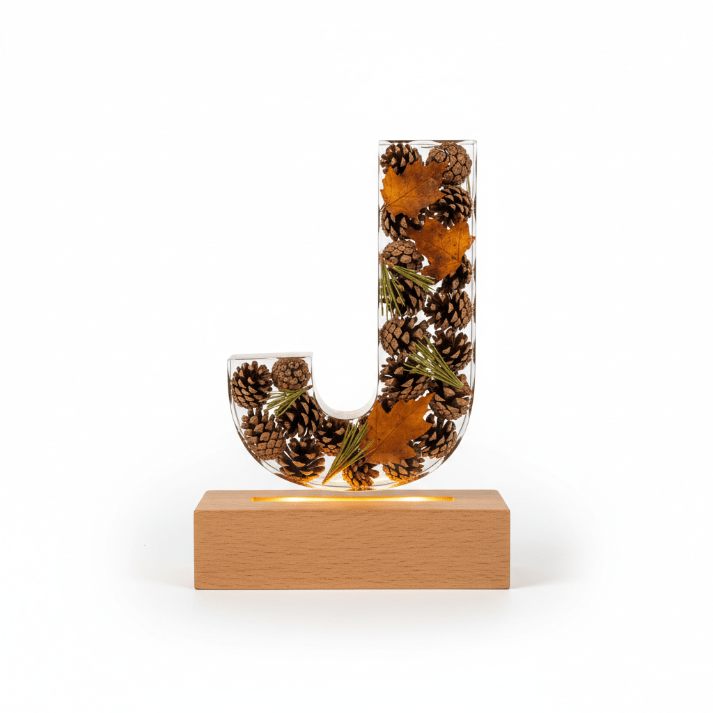 Pinecone & Leaves Resin Lighted Letter – Nature-Inspired Night Light - The Glossy Gift Shop