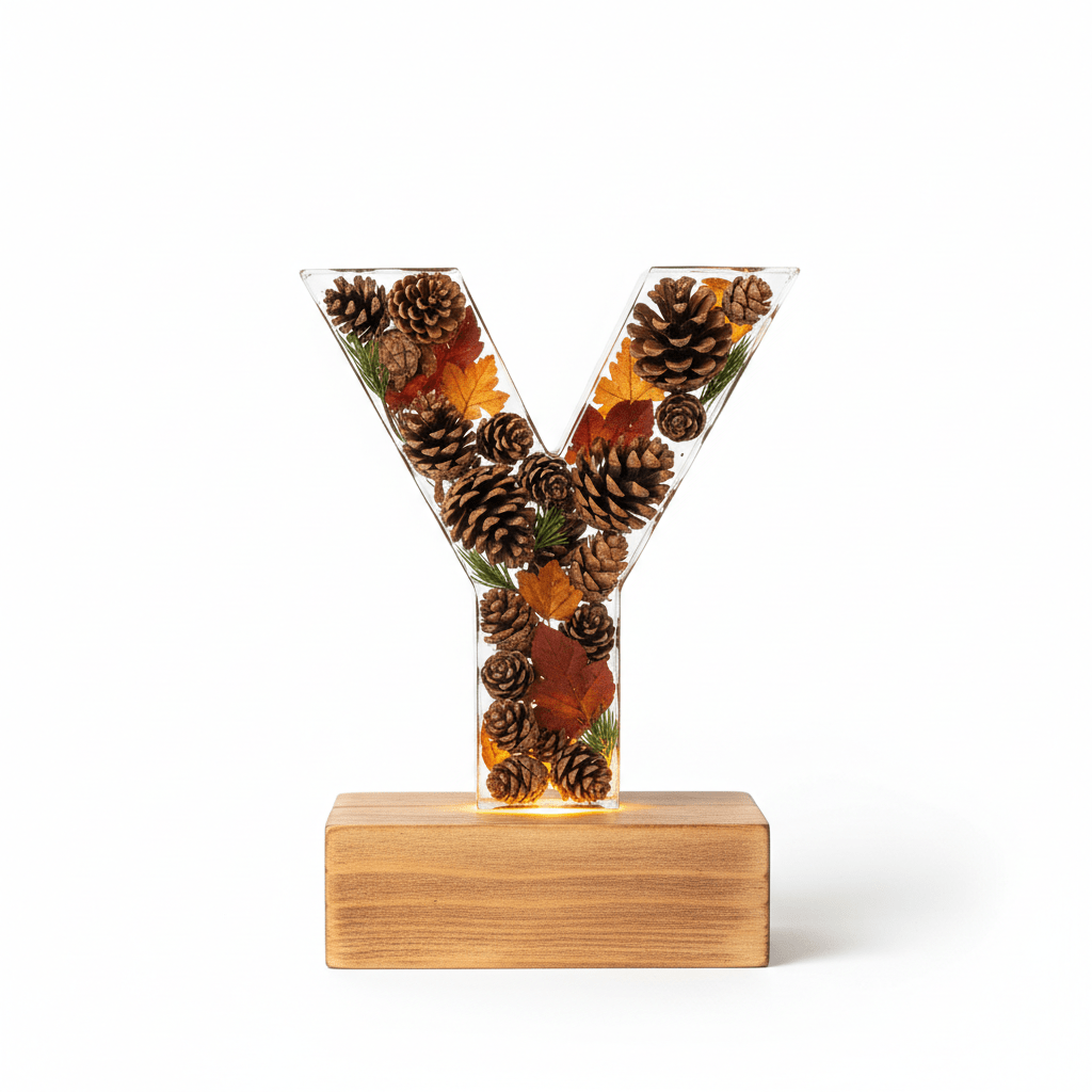 Pinecone & Leaves Resin Lighted Letter – Nature-Inspired Night Light - The Glossy Gift Shop