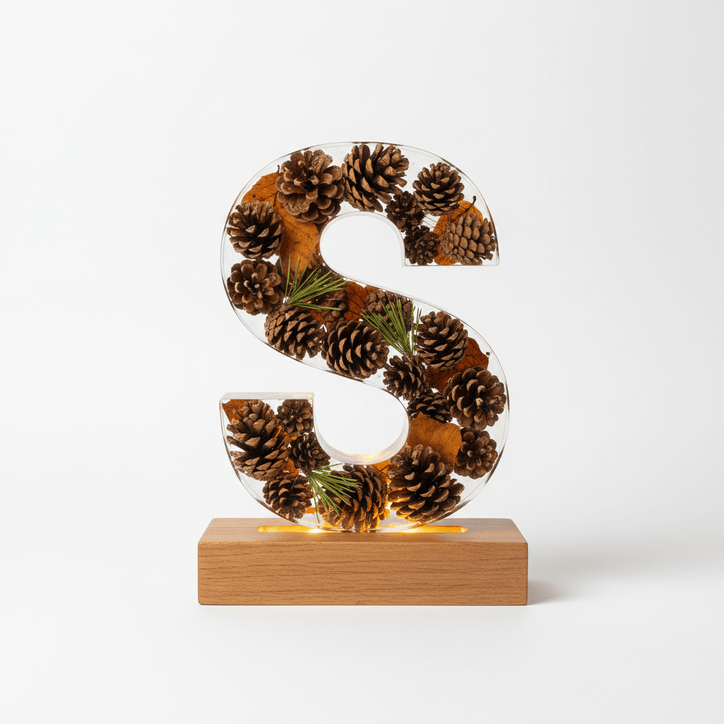 Pinecone & Leaves Resin Lighted Letter – Nature-Inspired Night Light - The Glossy Gift Shop