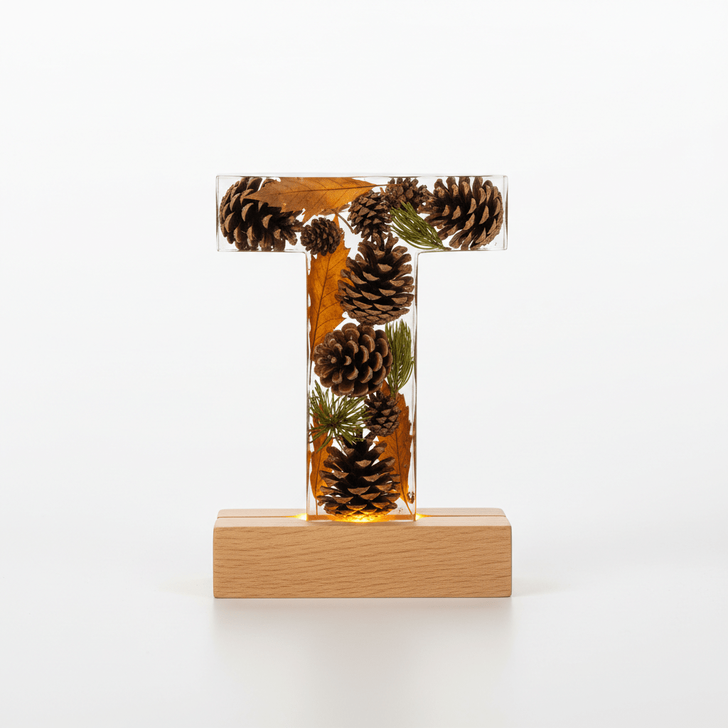 Pinecone & Leaves Resin Lighted Letter – Nature-Inspired Night Light - The Glossy Gift Shop