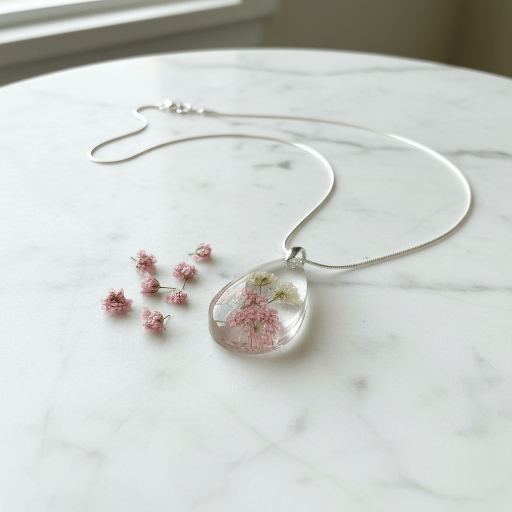 Pink Baby’s Breath Resin Teardrop Necklace – Pressed Flower Jewelry - The Glossy Gift Shop