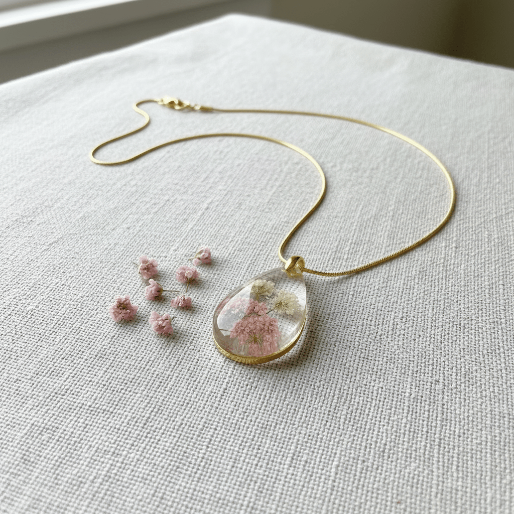 Pink Baby’s Breath Resin Teardrop Necklace – Pressed Flower Jewelry - The Glossy Gift Shop