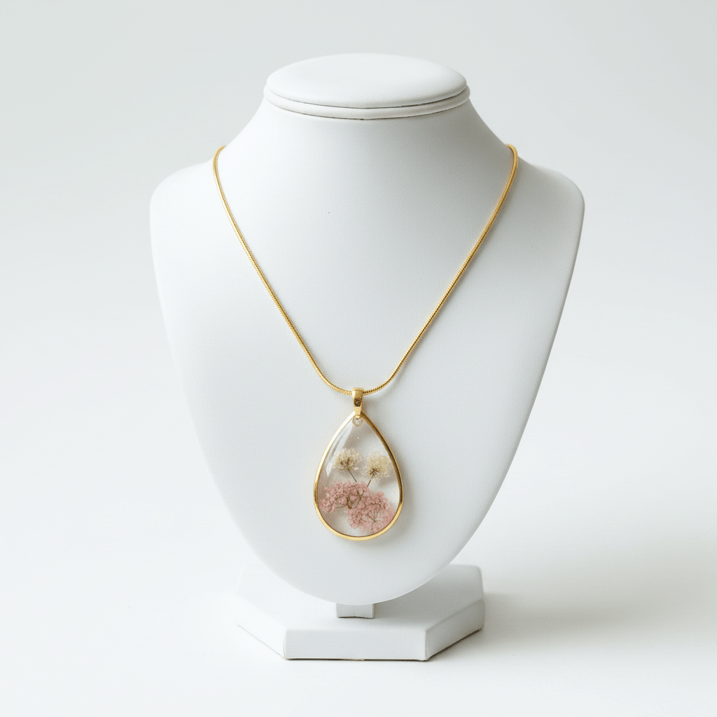 Pink Baby’s Breath Resin Teardrop Necklace – Pressed Flower Jewelry - The Glossy Gift Shop