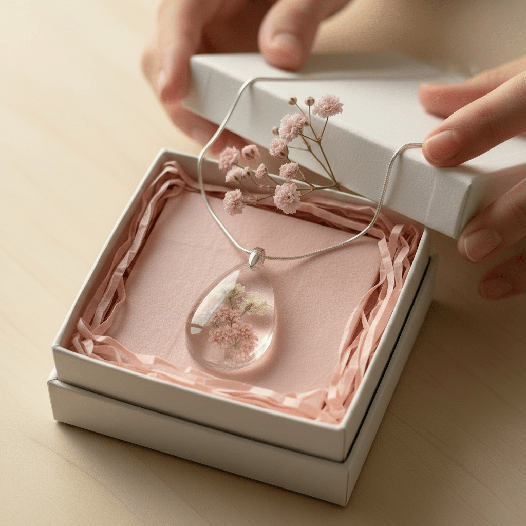 Pink Baby’s Breath Resin Teardrop Necklace – Pressed Flower Jewelry - The Glossy Gift Shop