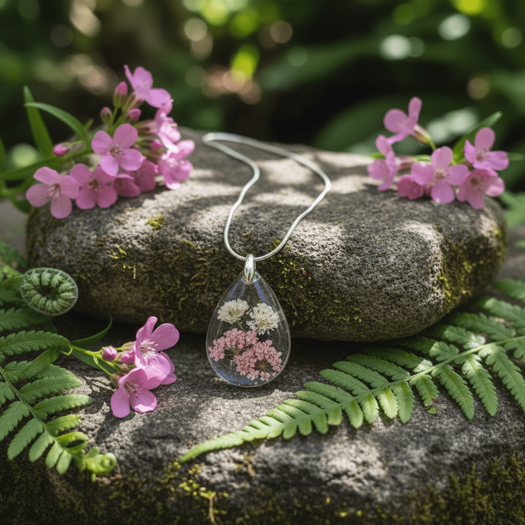 Pink Baby’s Breath Resin Teardrop Necklace – Pressed Flower Jewelry - The Glossy Gift Shop