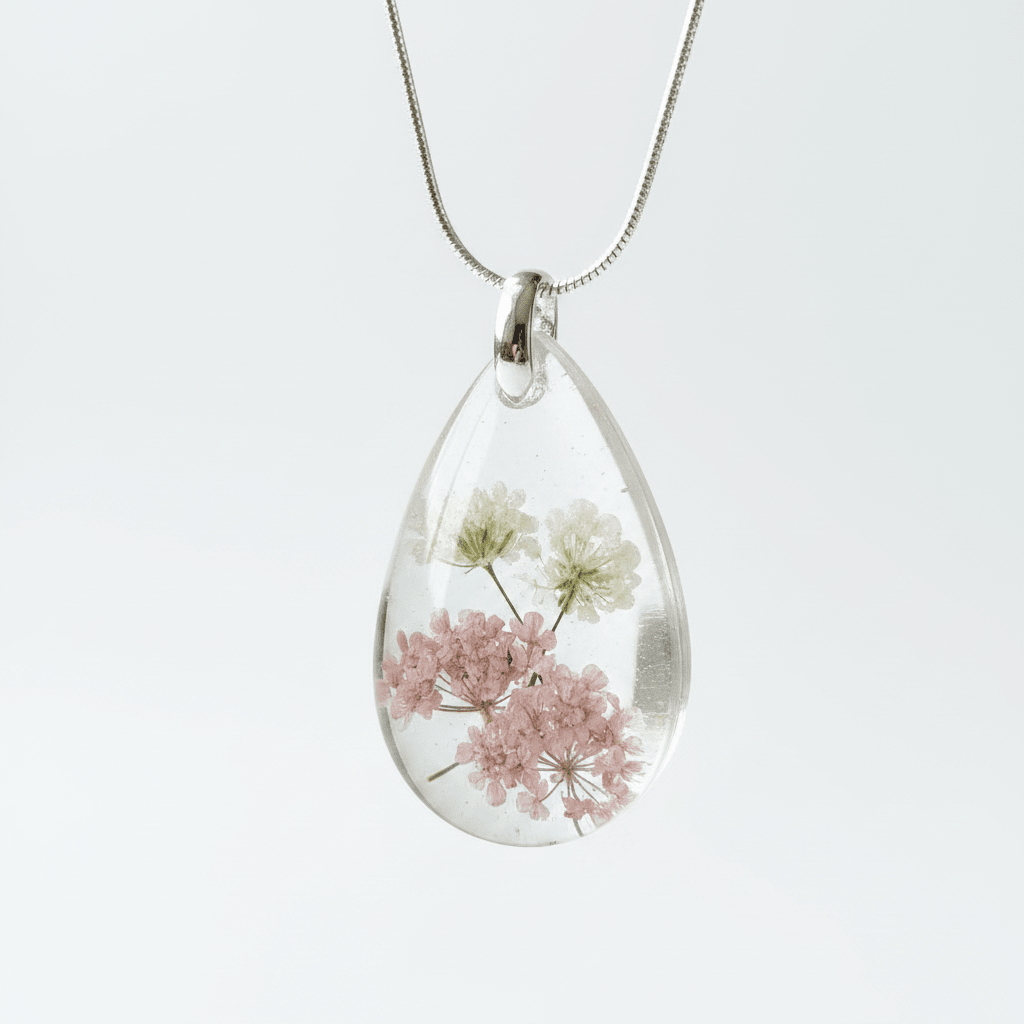 Pink Baby’s Breath Resin Teardrop Necklace – Pressed Flower Jewelry - The Glossy Gift Shop