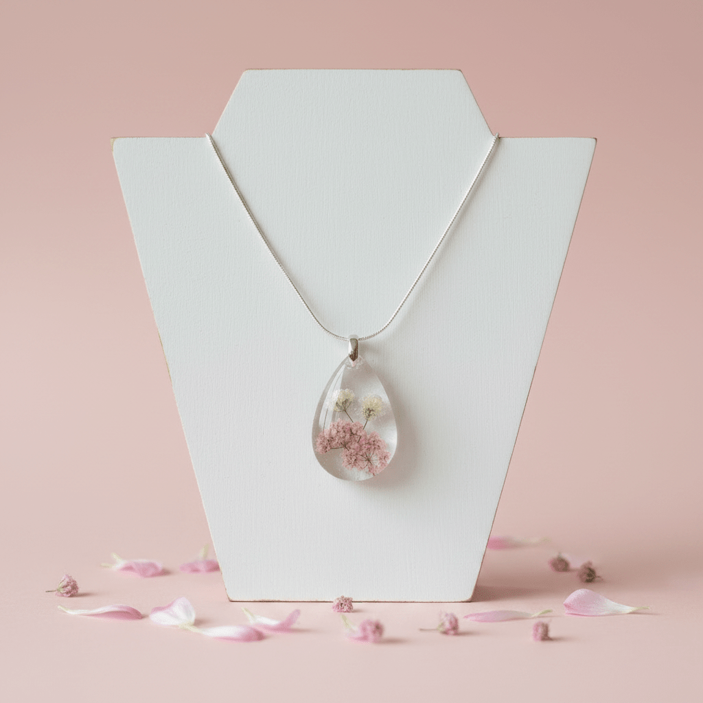 Pink Baby’s Breath Resin Teardrop Necklace – Pressed Flower Jewelry - The Glossy Gift Shop