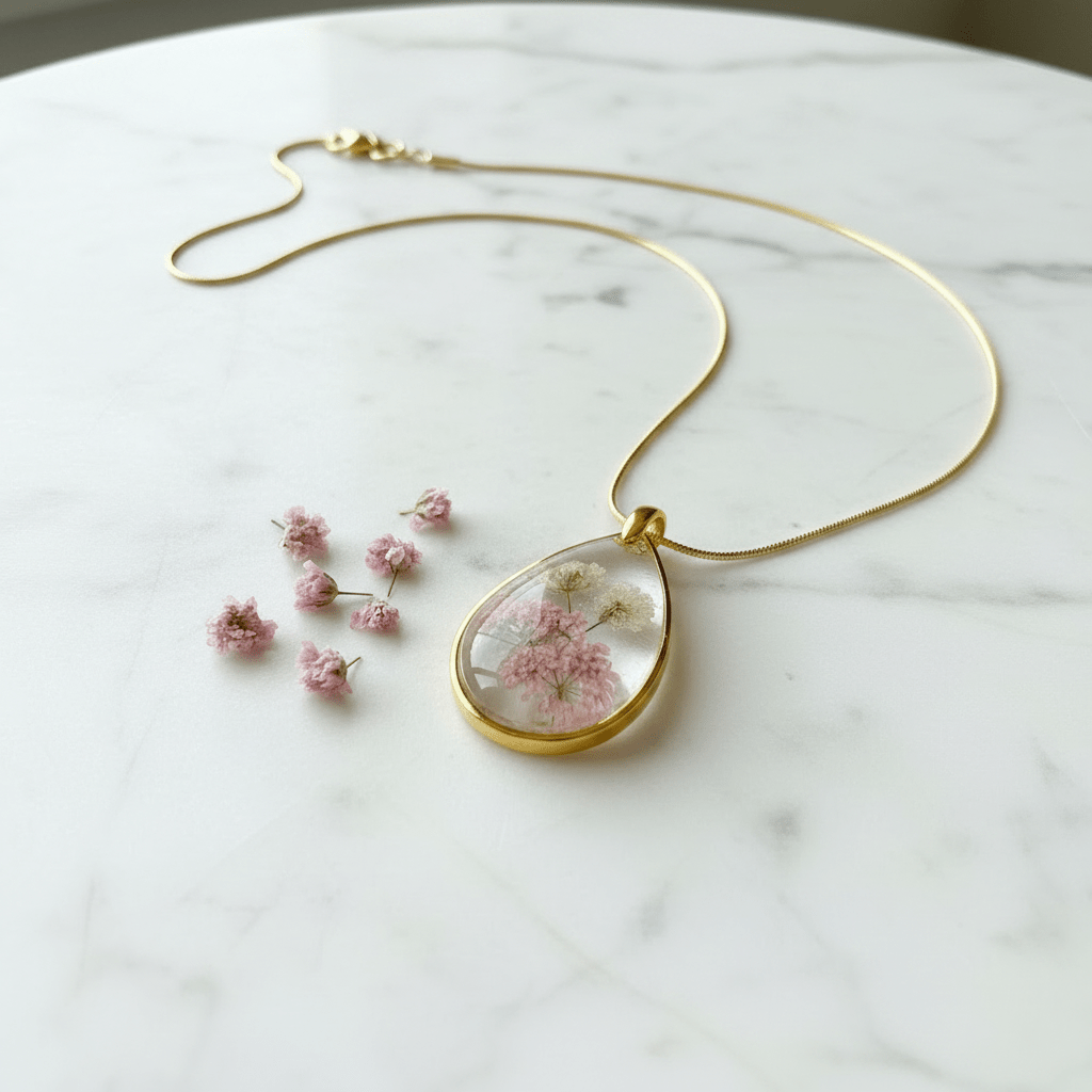 Pink Baby's Breath Resin Teardrop Pendant Necklace – Pressed Flower Jewelry - The Glossy Gift Shop