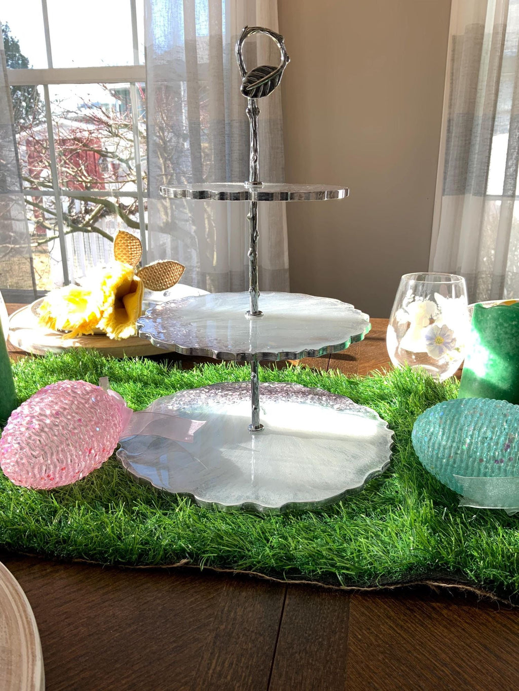 Pink Crystal Resin 3-Tier Serving Tray – Handmade Party Decor - The Glossy Gift Shop