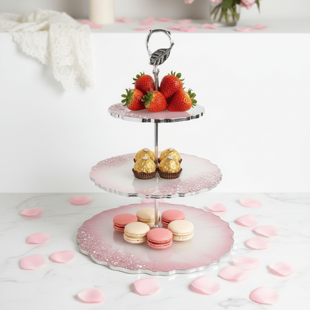 Pink Crystal Resin 3-Tier Serving Tray – Handmade Party Decor - The Glossy Gift Shop