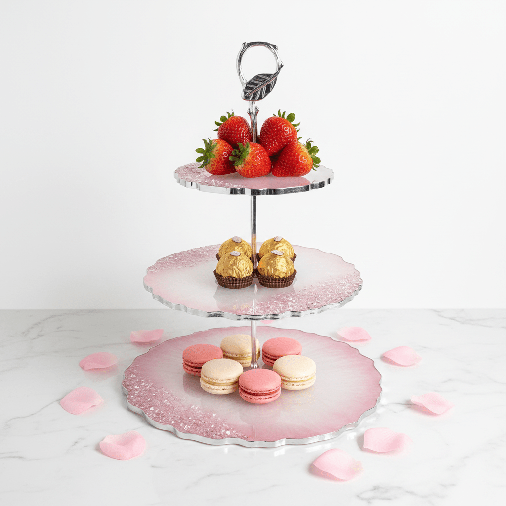Pink Crystal Resin 3-Tier Serving Tray – Handmade Party Decor - The Glossy Gift Shop