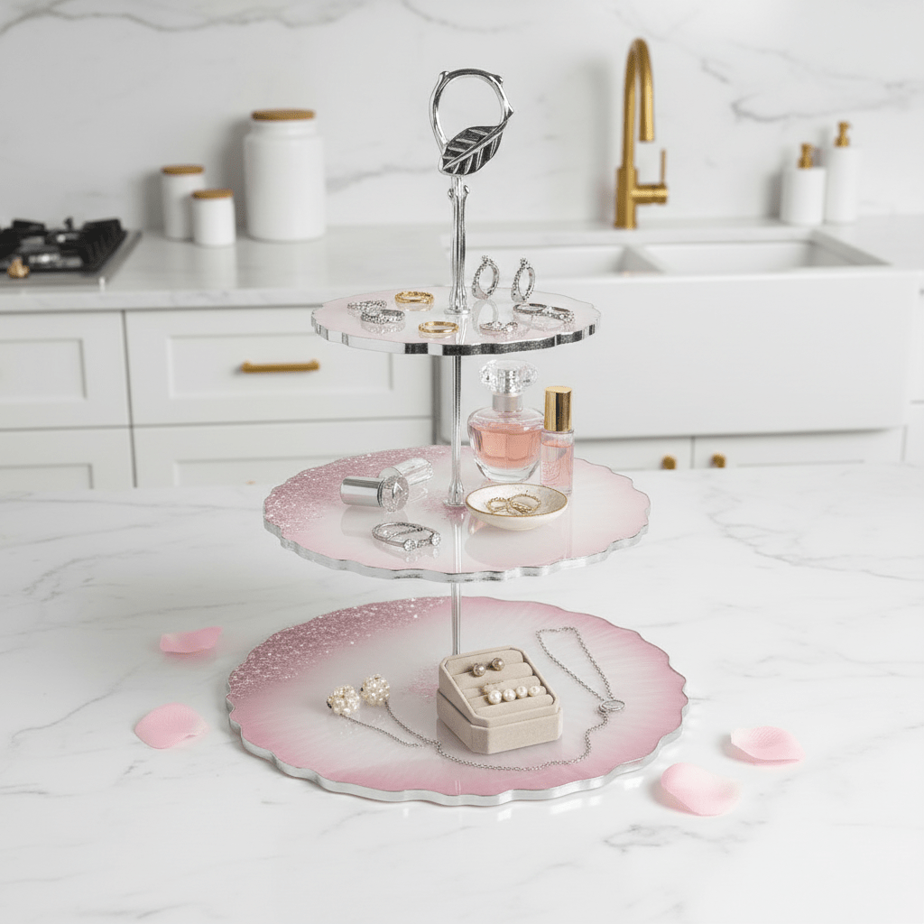 Pink Crystal Resin 3-Tier Serving Tray – Handmade Party Decor - The Glossy Gift Shop