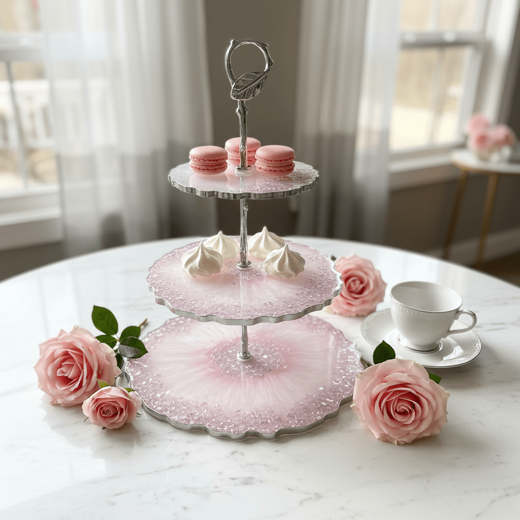 Pink Crystal Resin 3-Tier Serving Tray – Handmade Party Decor - The Glossy Gift Shop
