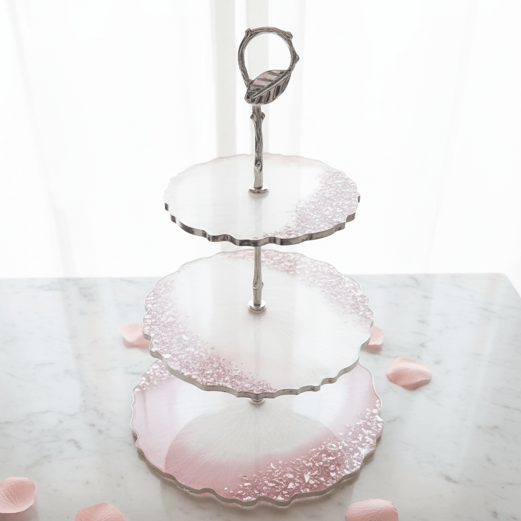 Pink Crystal Resin 3-Tier Serving Tray – Handmade Party Decor - The Glossy Gift Shop