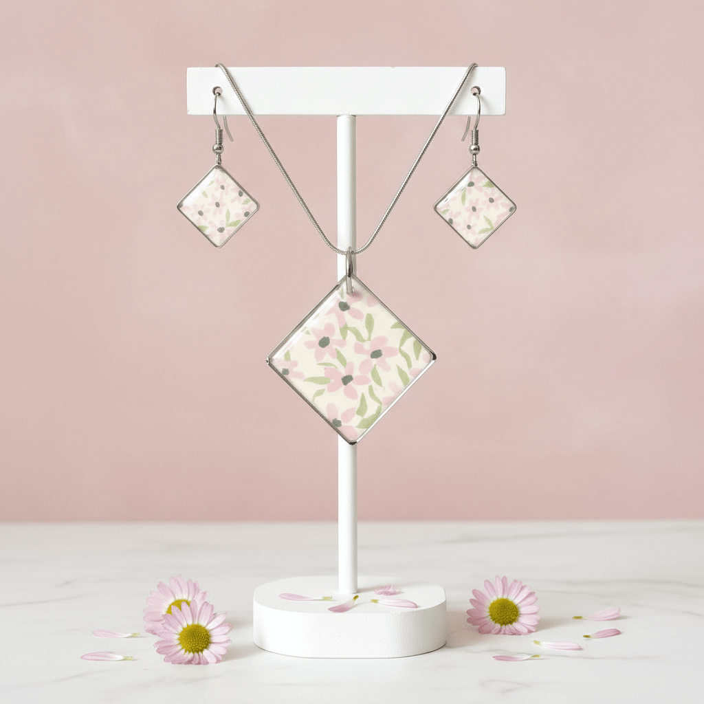 Pink Daisy Resin Jewelry Set – Handmade Floral Necklace & Earrings - The Glossy Gift Shop