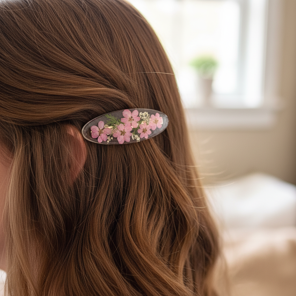 Pink Floral Hair Clip on Model