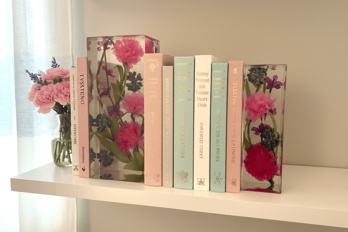 Pink Floral Resin Bookends – Handmade Real Flower Bookshelf Decor - The Glossy Gift Shop