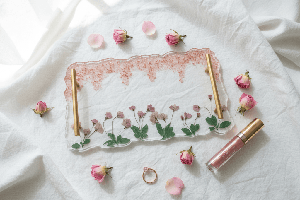 Pink Floral Resin Vanity Tray – Handmade Jewelry & Perfume Organizer - The Glossy Gift Shop