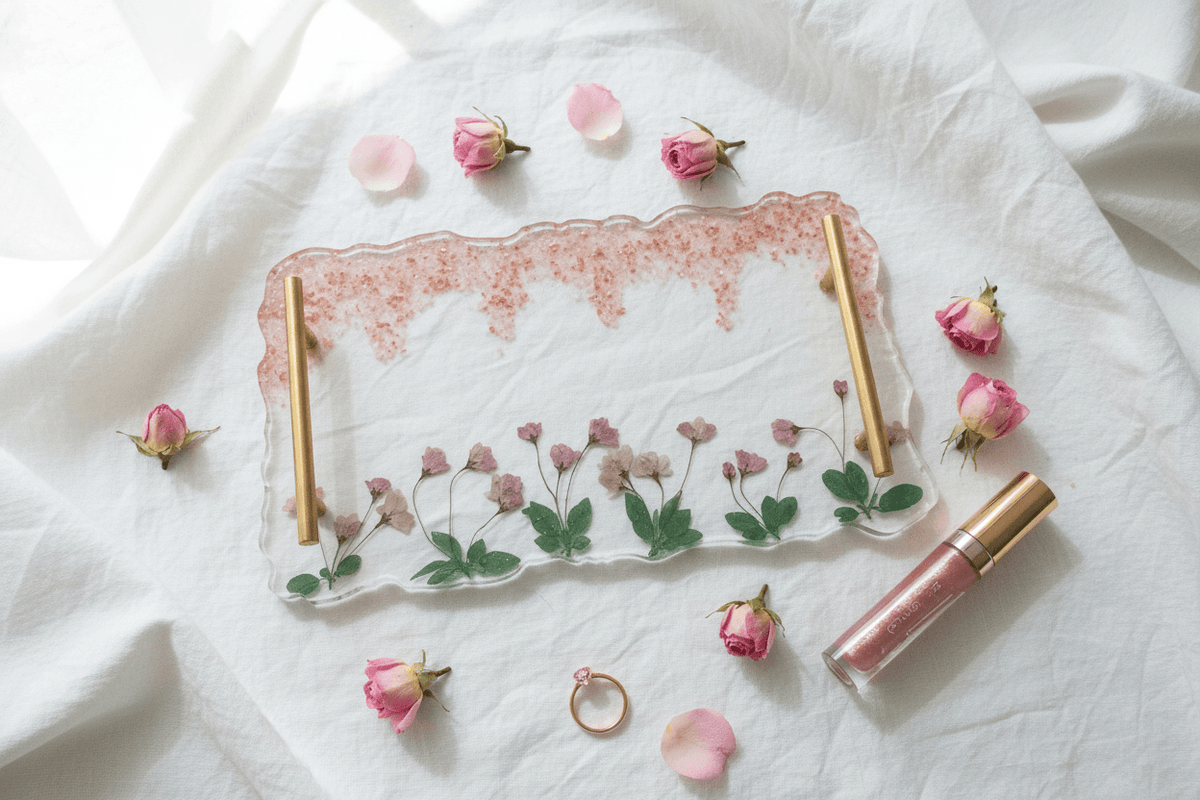 Pink Floral Resin Vanity Tray – Handmade Jewelry & Perfume Organizer - The Glossy Gift Shop