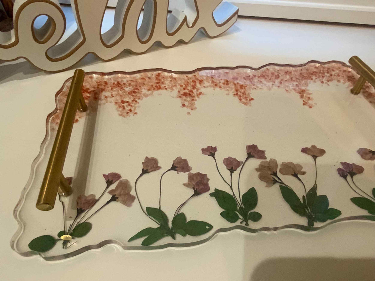 Pink Floral Resin Vanity Tray – Handmade Jewelry & Perfume Organizer - The Glossy Gift Shop