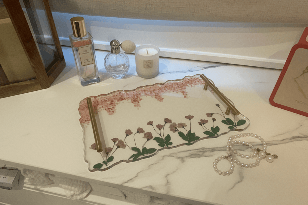 Pink Floral Resin Vanity Tray – Handmade Jewelry & Perfume Organizer - The Glossy Gift Shop