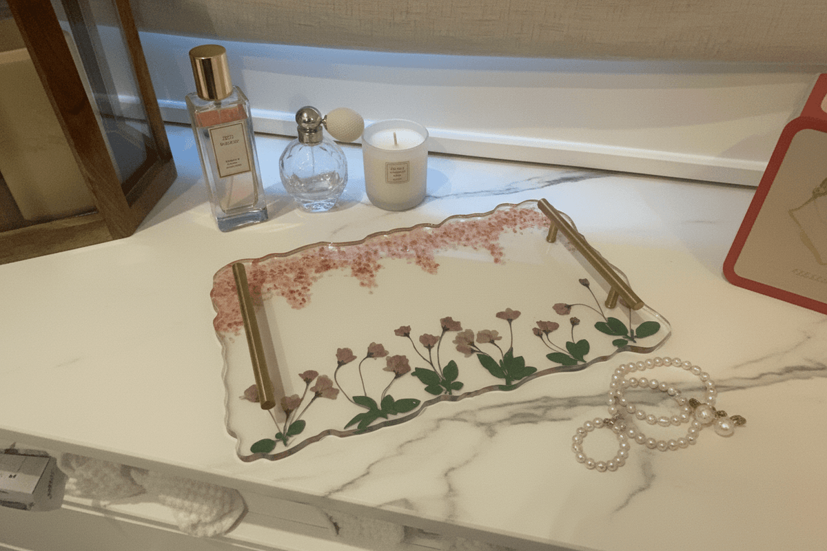 Pink Floral Resin Vanity Tray – Handmade Jewelry & Perfume Organizer - The Glossy Gift Shop