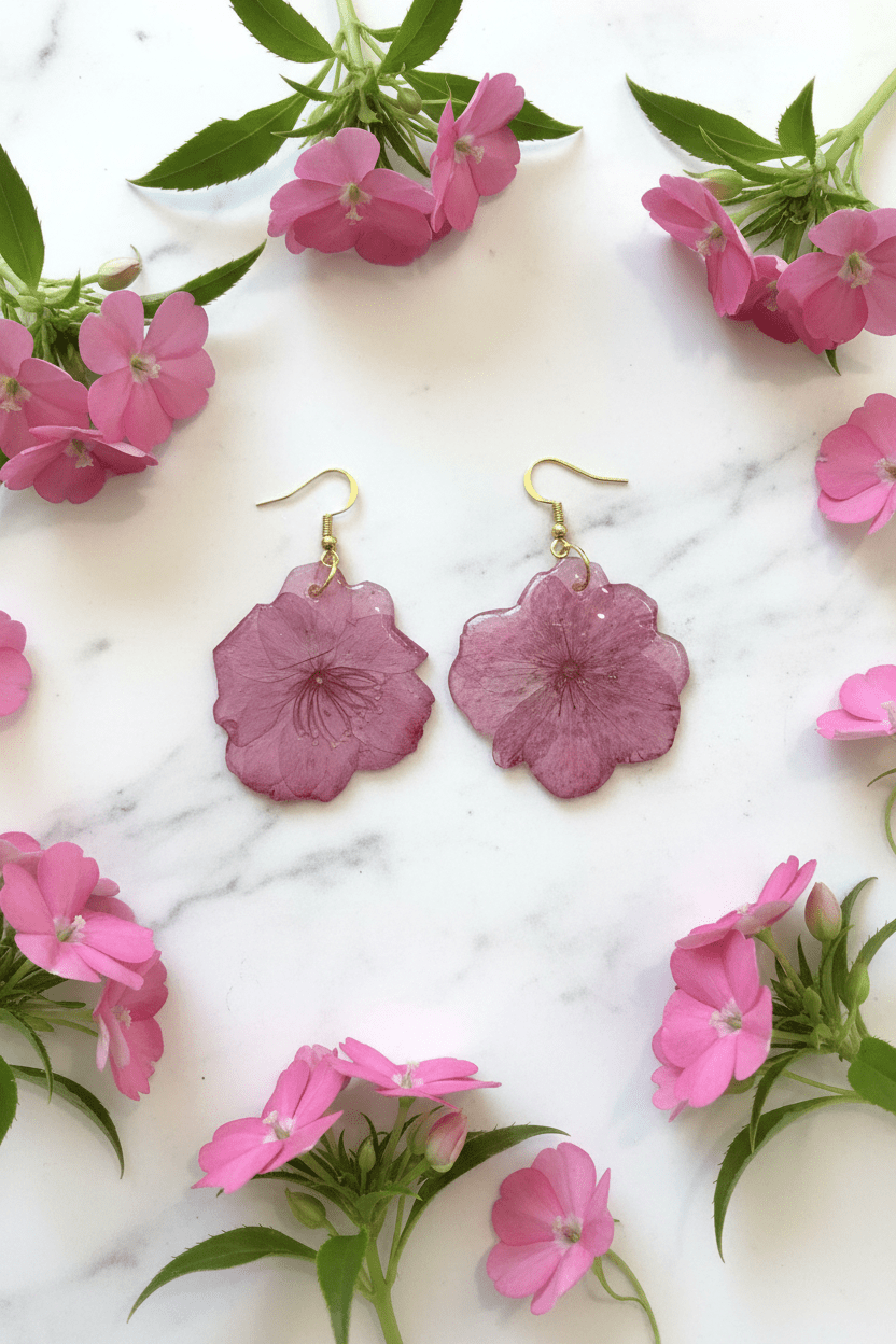 Pink Impatiens Resin Drop Earrings – Pressed Flower Jewelry - The Glossy Gift Shop