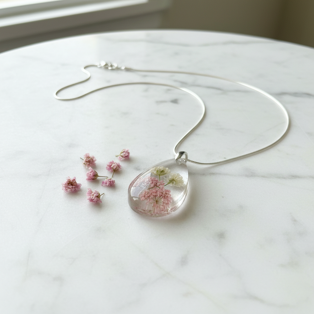 Pink Queen Anne's Lace Teardrop Pendant