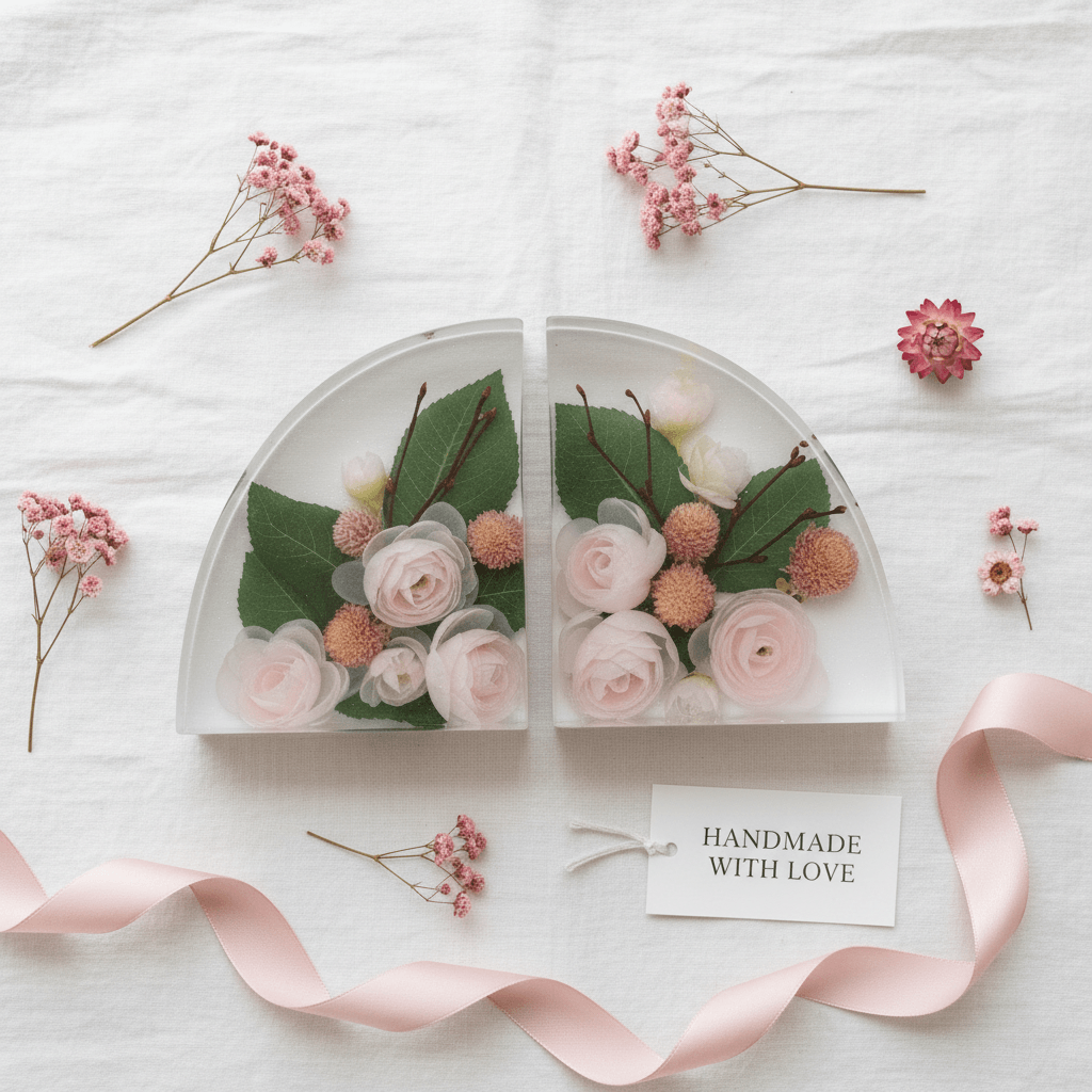 Pink Rose Resin Bookends – Handmade Floral Bookshelf Decor - The Glossy Gift Shop