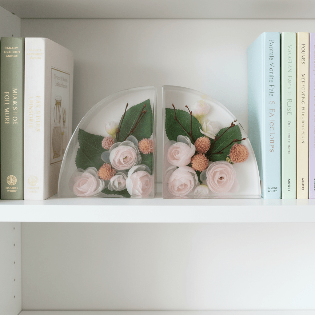 Pink Rose Resin Bookends – Handmade Floral Bookshelf Decor - The Glossy Gift Shop