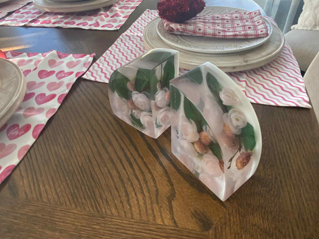 Pink Rose Resin Bookends – Handmade Floral Bookshelf Decor - The Glossy Gift Shop