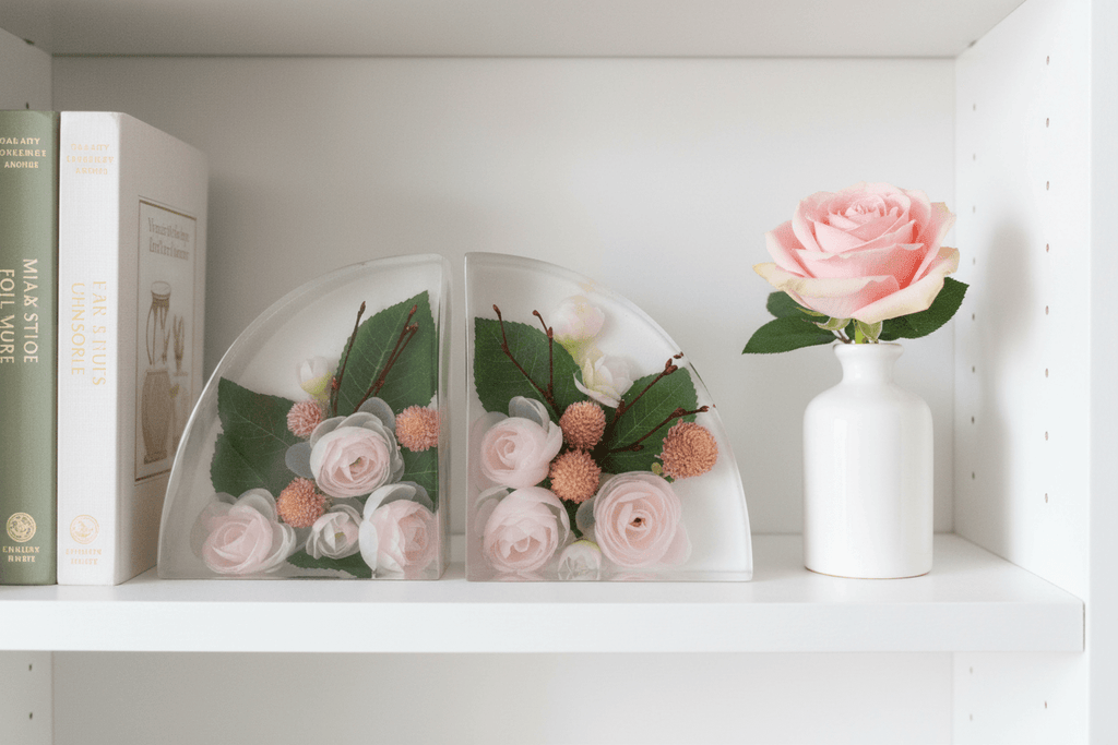 Pink Rose Resin Bookends – Handmade Floral Bookshelf Decor - The Glossy Gift Shop
