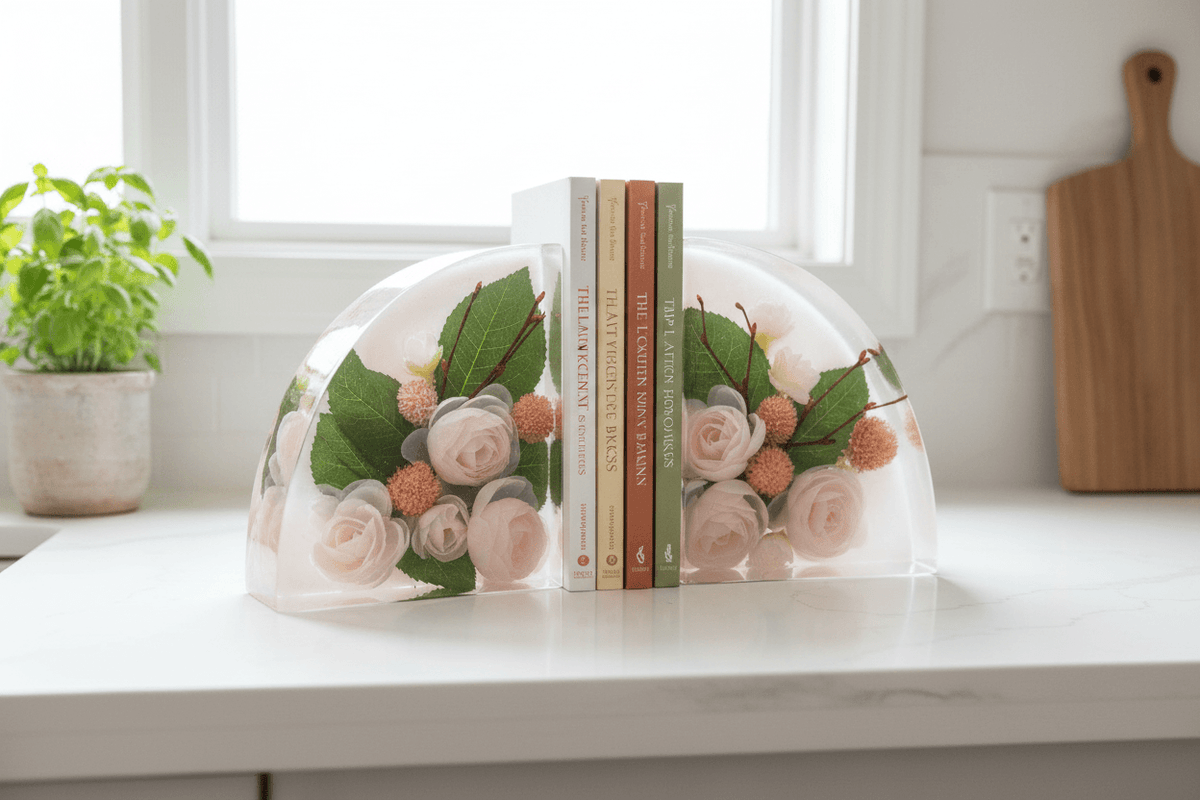 Pink Rose Resin Bookends – Handmade Floral Bookshelf Decor - The Glossy Gift Shop