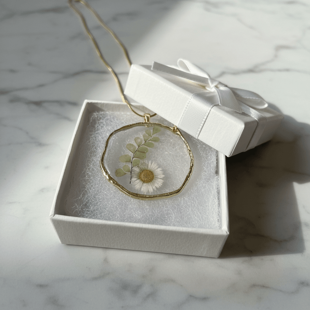 Pressed Botanical Resin Pendant Necklace – Handmade Nature Jewelry - The Glossy Gift Shop