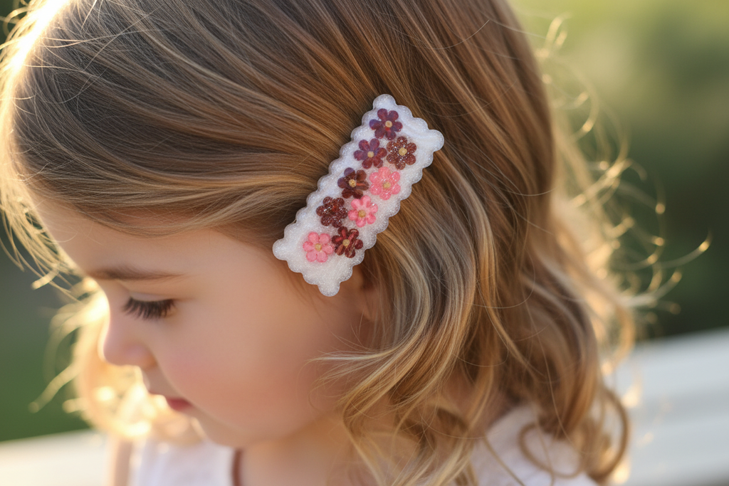 Pressed Flower Hair Clip - Pink Burgundy in Kids Hair