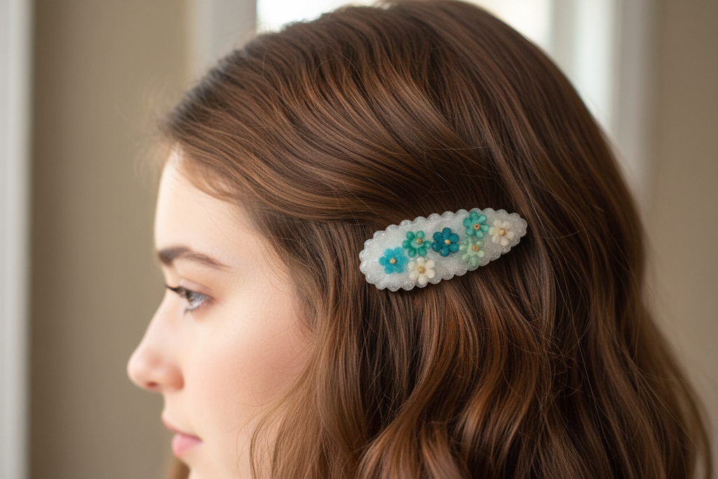 Pressed Flower Hair Clip - Teal Close Up On Model