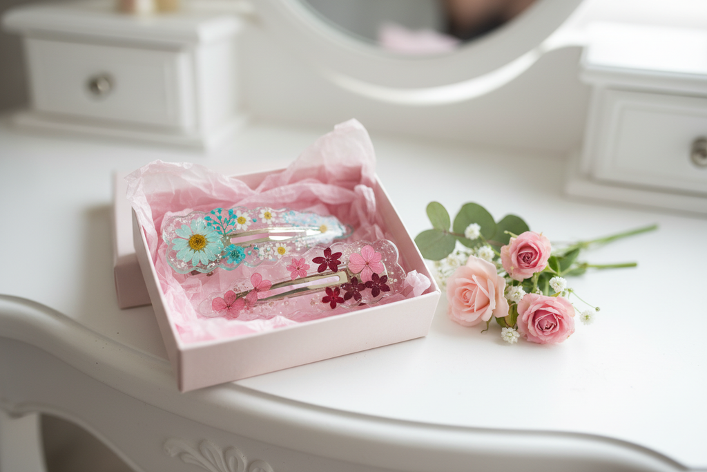 Pressed Flower Hair Clips - Gift Box on Vanity