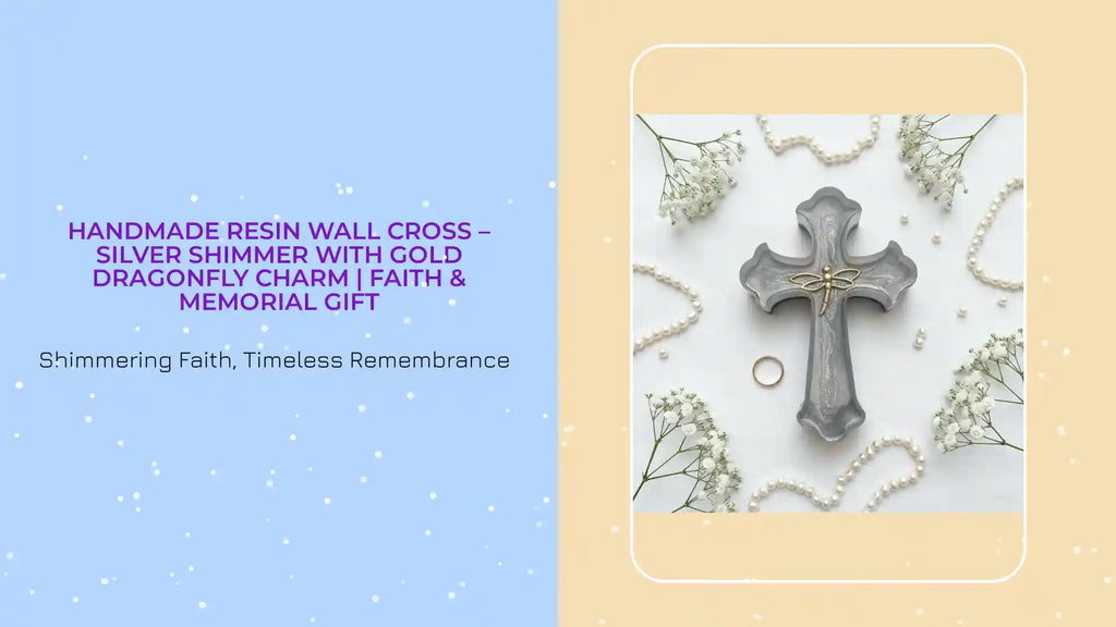 Handmade Resin Wall Cross &ndash; Silver Shimmer with Gold Dragonfly Charm | Faith &amp; Memorial Gift by@Outfy